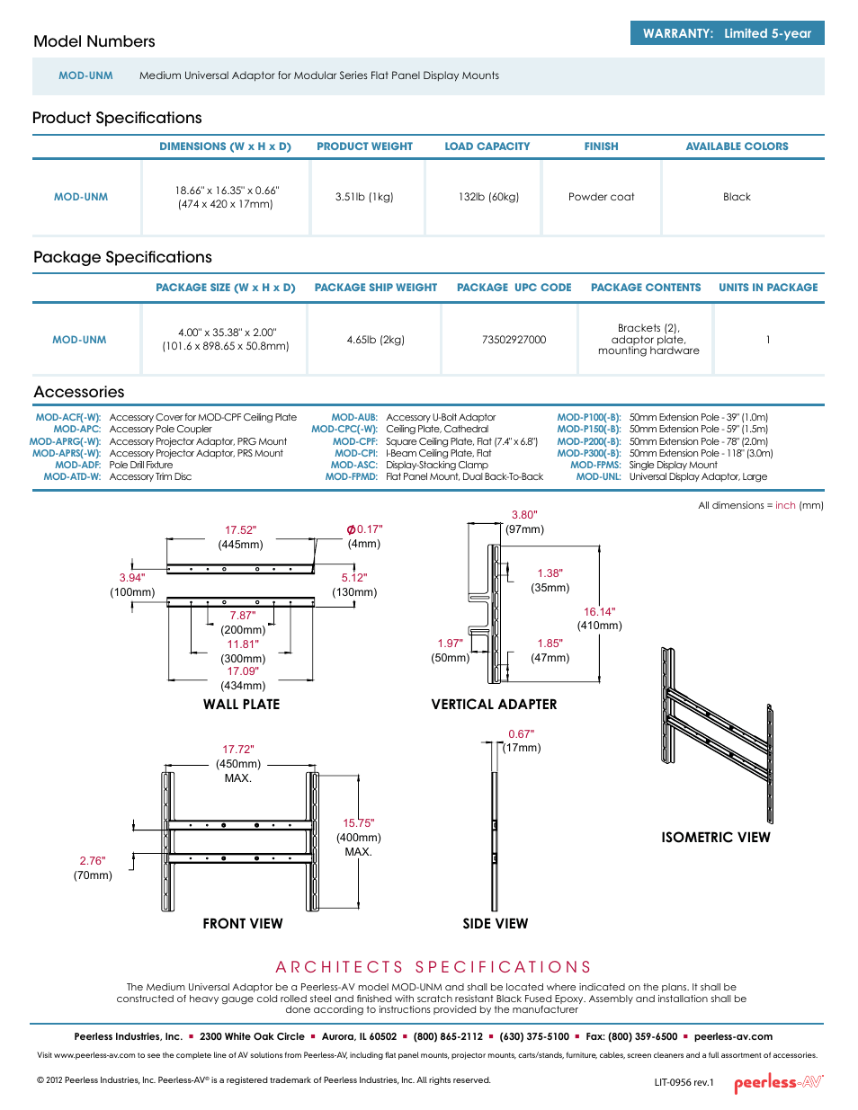 Package specifications, Product specifications model numbers, Accessories | Peerless-AV MOD-UNM  - Sell Sheet User Manual | Page 2 / 2