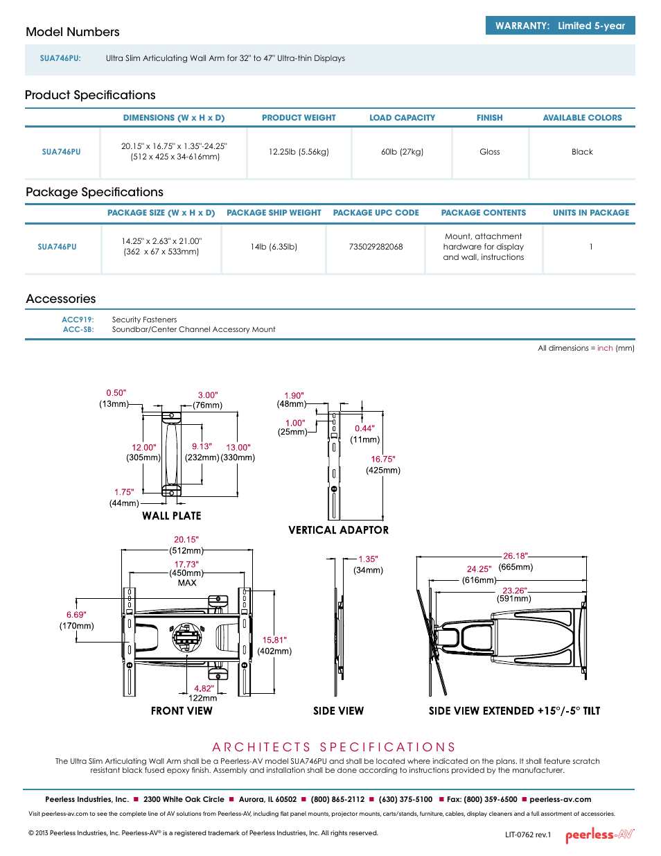 Package specifications accessories, Product specifications model numbers | Peerless-AV SUA746PU  - Sell Sheet User Manual | Page 2 / 2