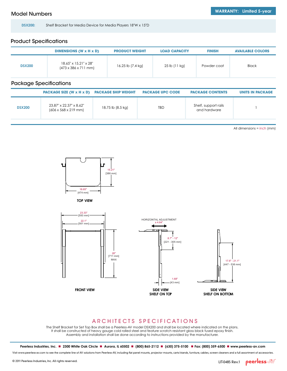 Package specifications, Product specifications model numbers, Warranty: limited 5-year | Peerless-AV DSX200  - Sell Sheet User Manual | Page 2 / 2