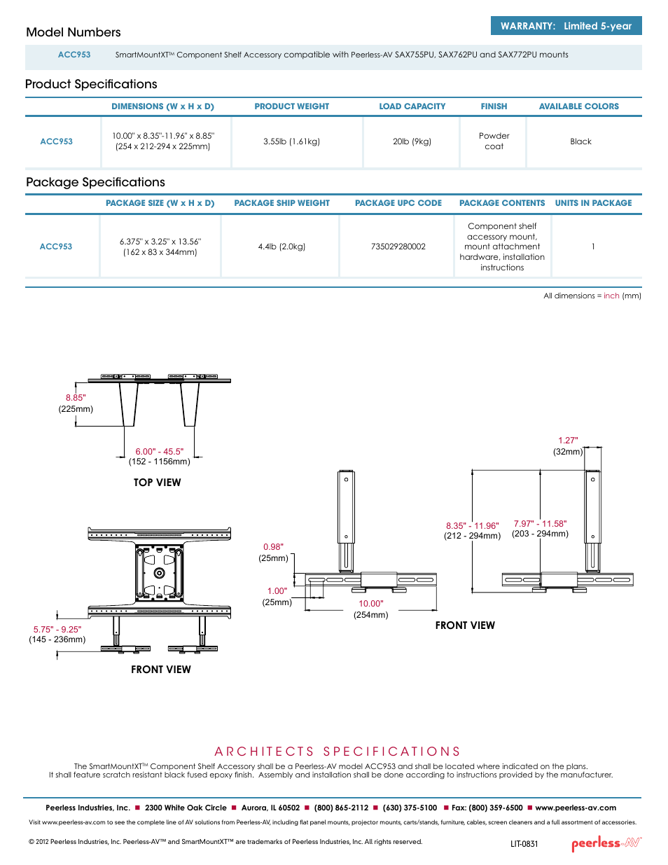 Package specifications, Product specifications model numbers | Peerless-AV ACC953  - Sell Sheet User Manual | Page 2 / 2