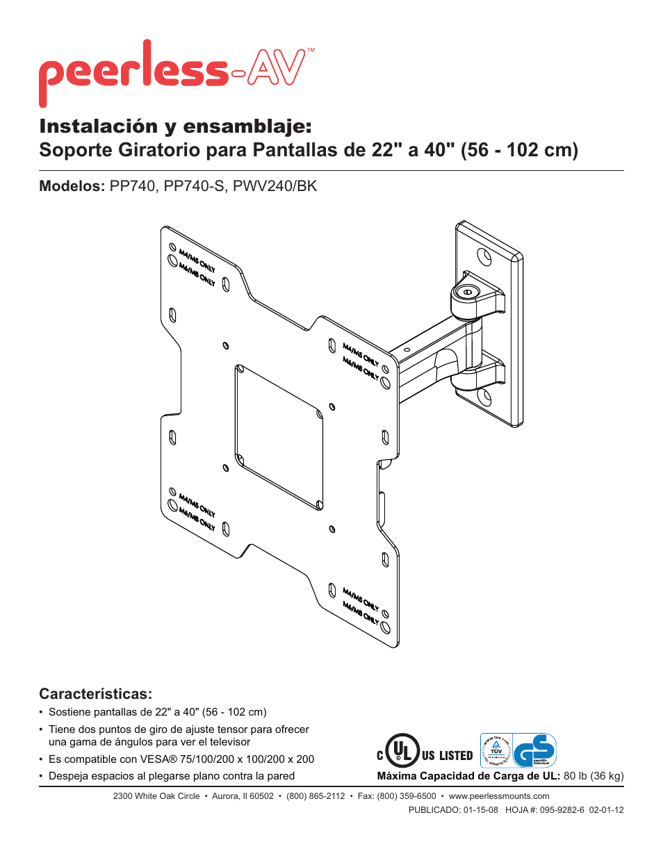 Características | Peerless-AV PP740 - Installation User Manual | Page 12 / 46