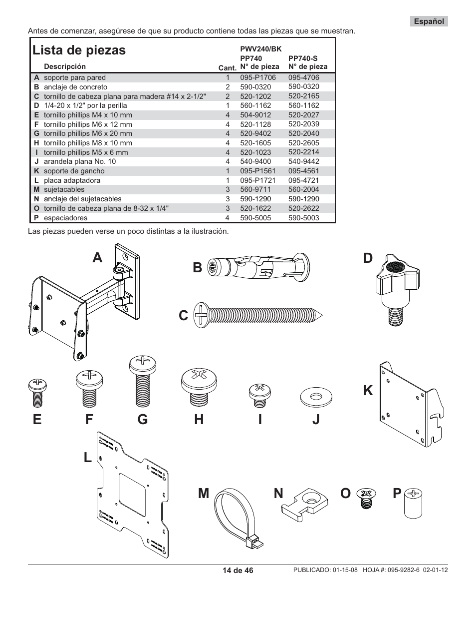Mn o p, Lista de piezas | Peerless-AV PP740 - Installation User Manual | Page 14 / 46