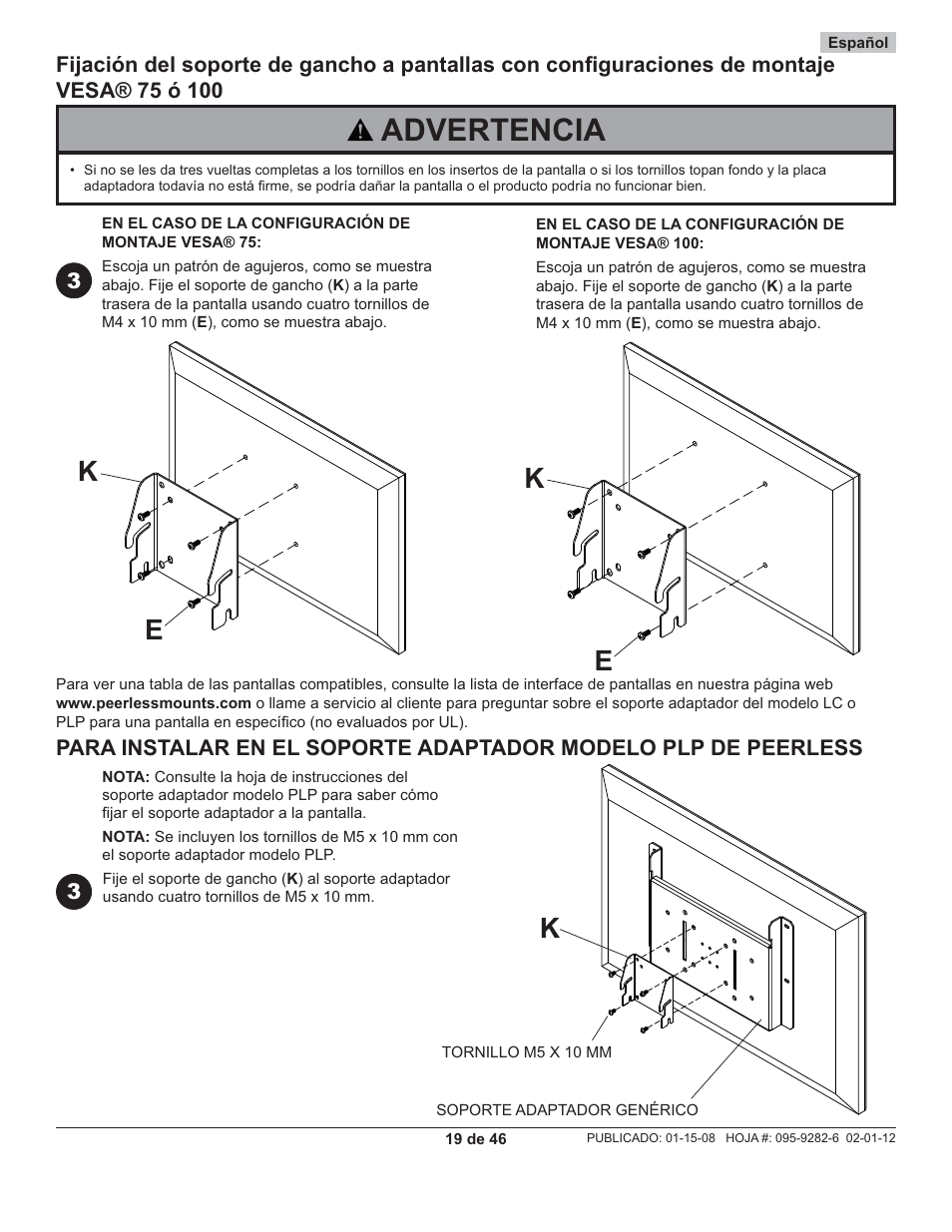 Advertencia, Ke e k k | Peerless-AV PP740 - Installation User Manual | Page 19 / 46