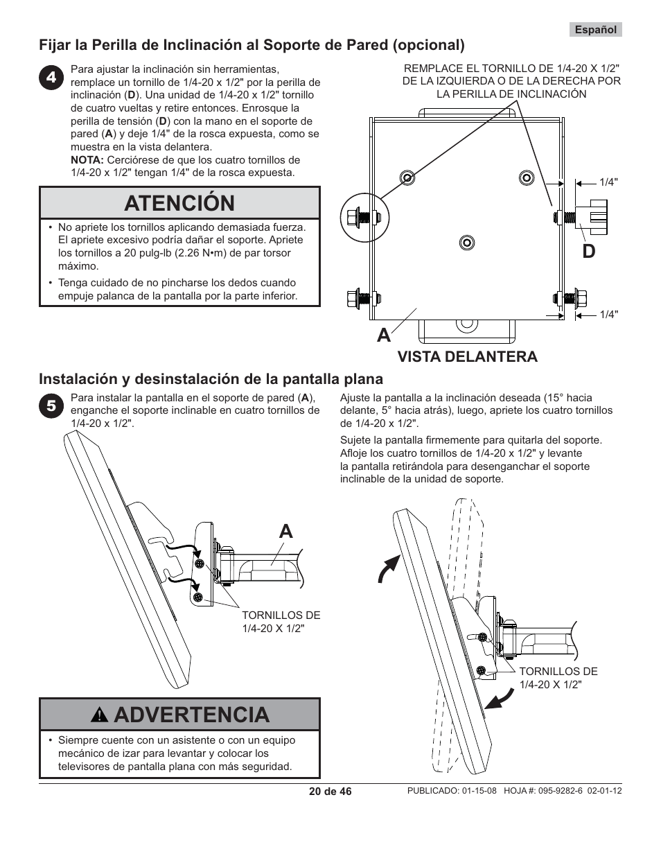 Atención, Advertencia | Peerless-AV PP740 - Installation User Manual | Page 20 / 46