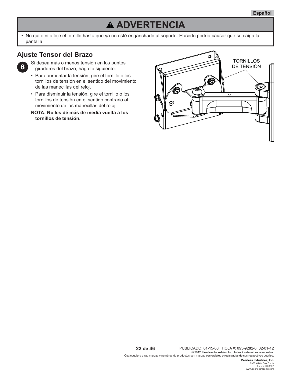 Advertencia, Ajuste tensor del brazo 8 | Peerless-AV PP740 - Installation User Manual | Page 22 / 46