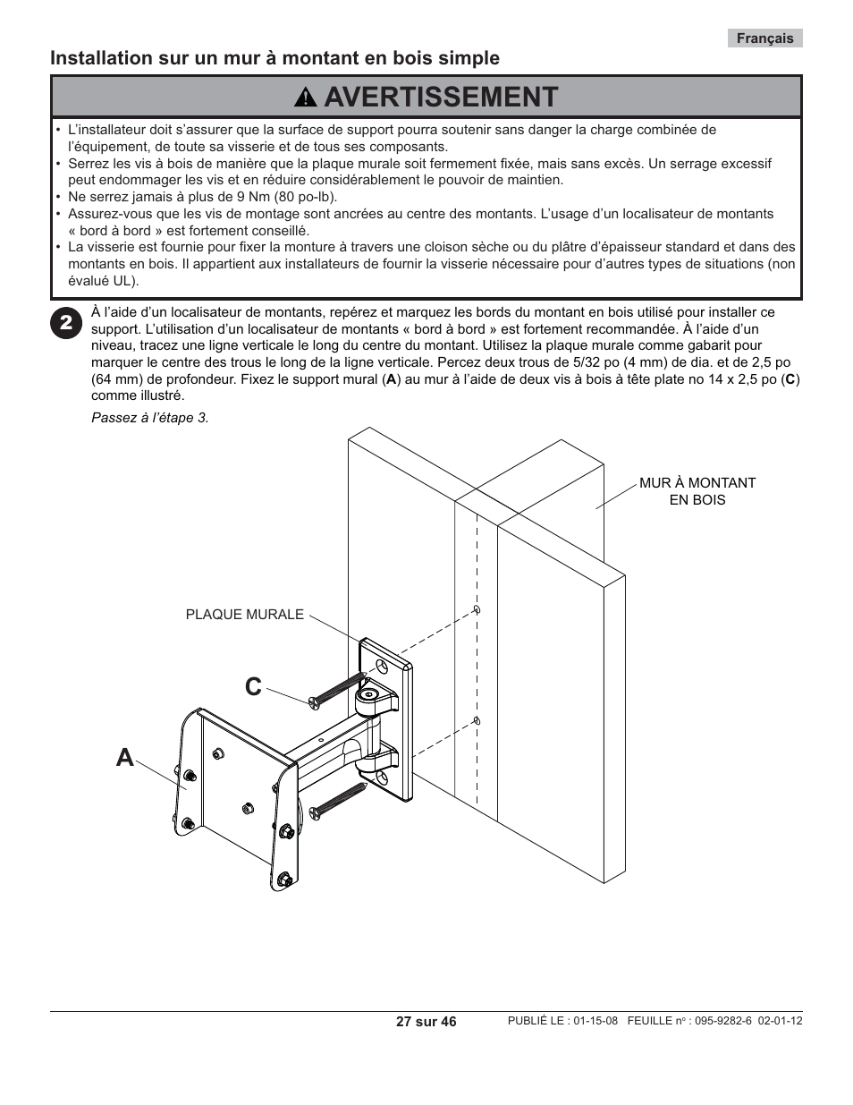 Avertissement, Installation sur un mur à montant en bois simple | Peerless-AV PP740 - Installation User Manual | Page 27 / 46