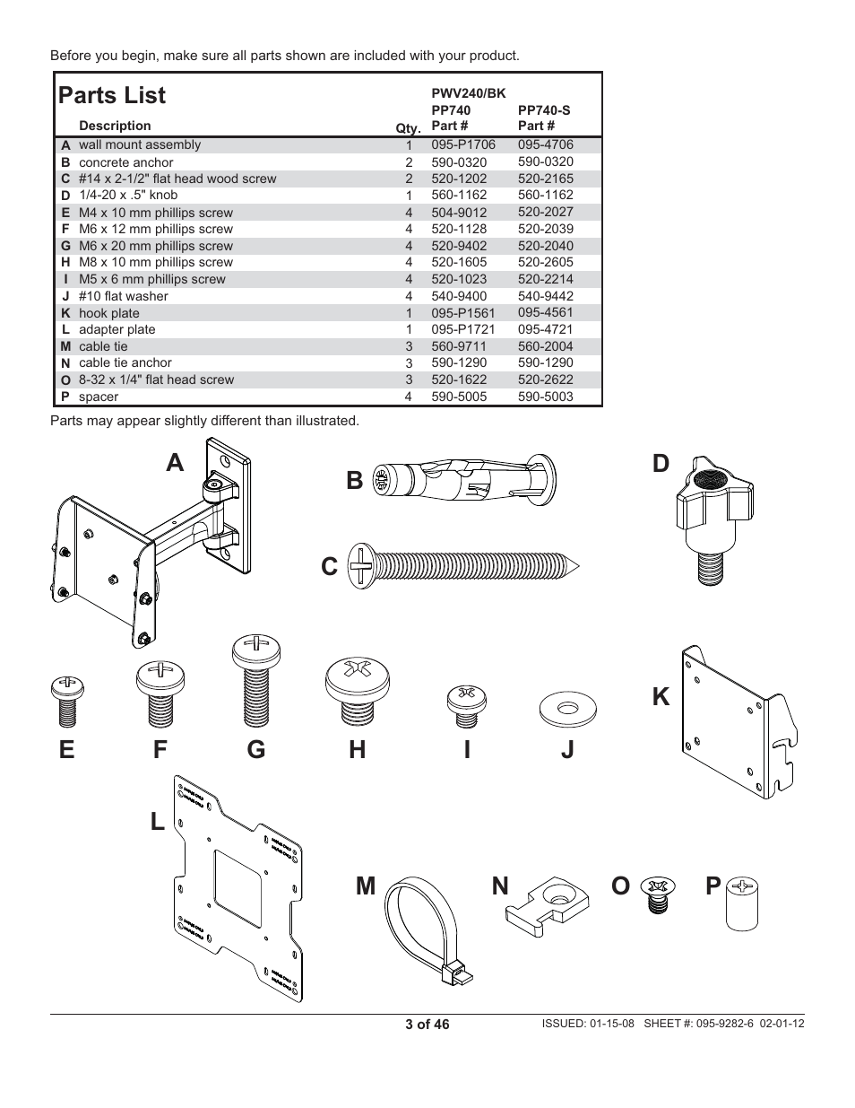 Parts list | Peerless-AV PP740 - Installation User Manual | Page 3 / 46