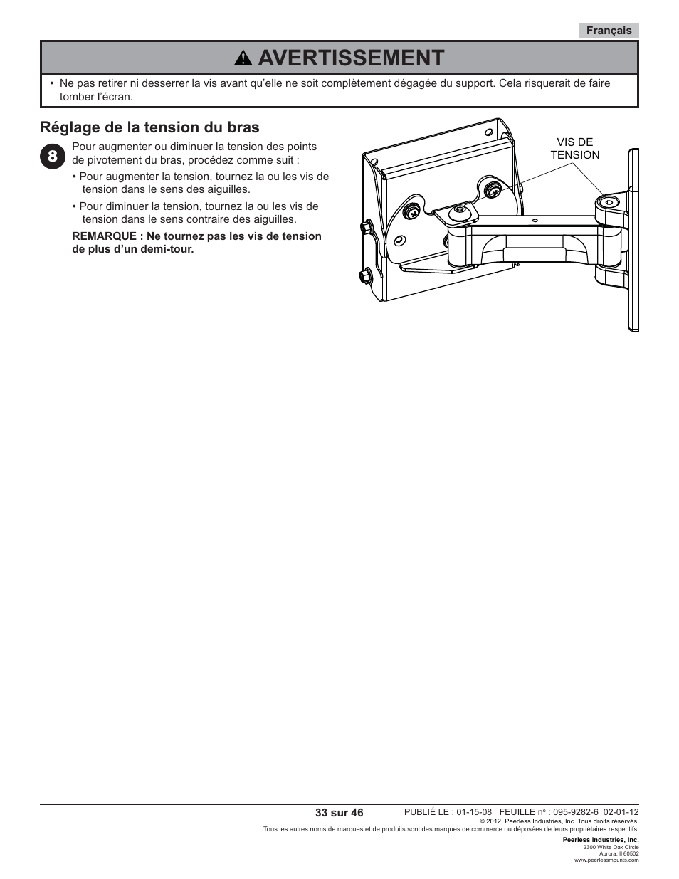 Avertissement, Réglage de la tension du bras 8 | Peerless-AV PP740 - Installation User Manual | Page 33 / 46