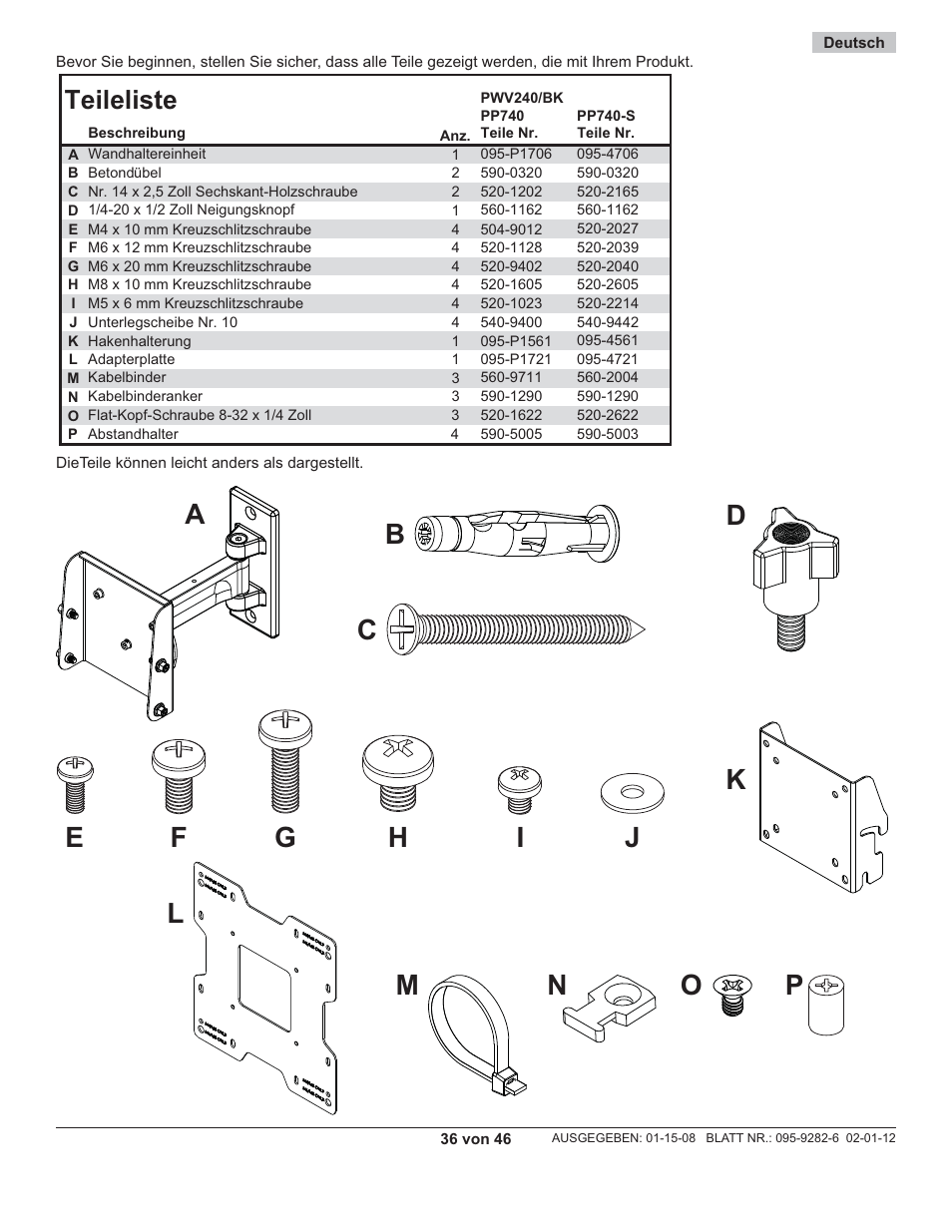 Teileliste | Peerless-AV PP740 - Installation User Manual | Page 36 / 46