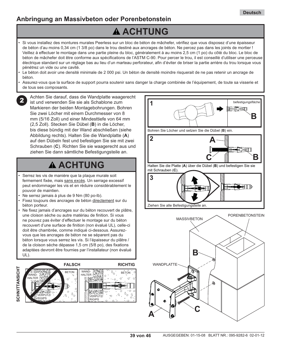 Achtung, Ac b, Ba c | Anbringung an massivbeton oder porenbetonstein | Peerless-AV PP740 - Installation User Manual | Page 39 / 46