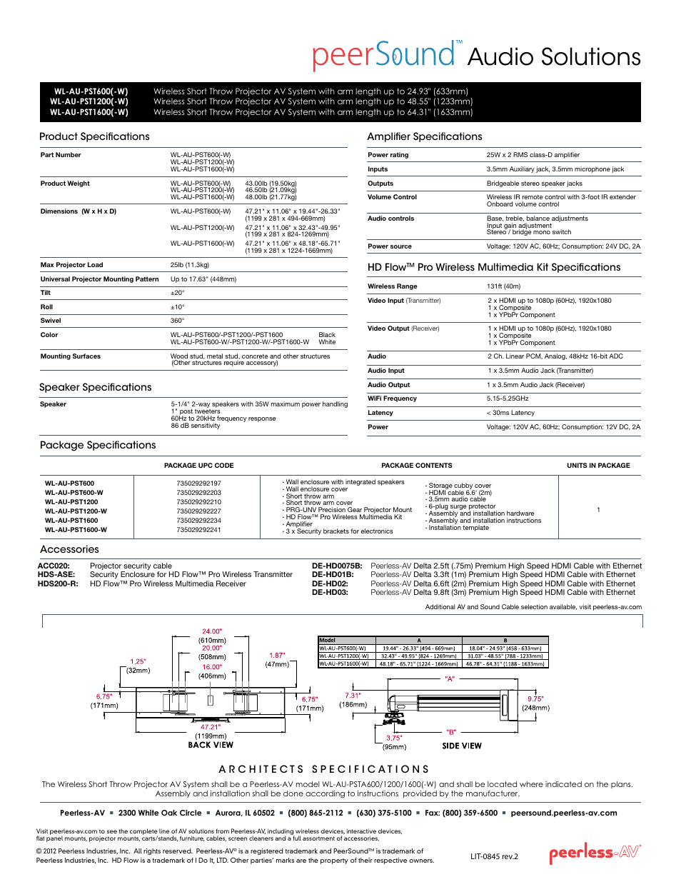 Audio solutions, Product specifications, Package specifications accessories | Hd flow, Pro wireless multimedia kit specifications, Amplifier specifications, Speaker specifications | Peerless-AV WL-AU-PST600  - Sell Sheet User Manual | Page 2 / 2