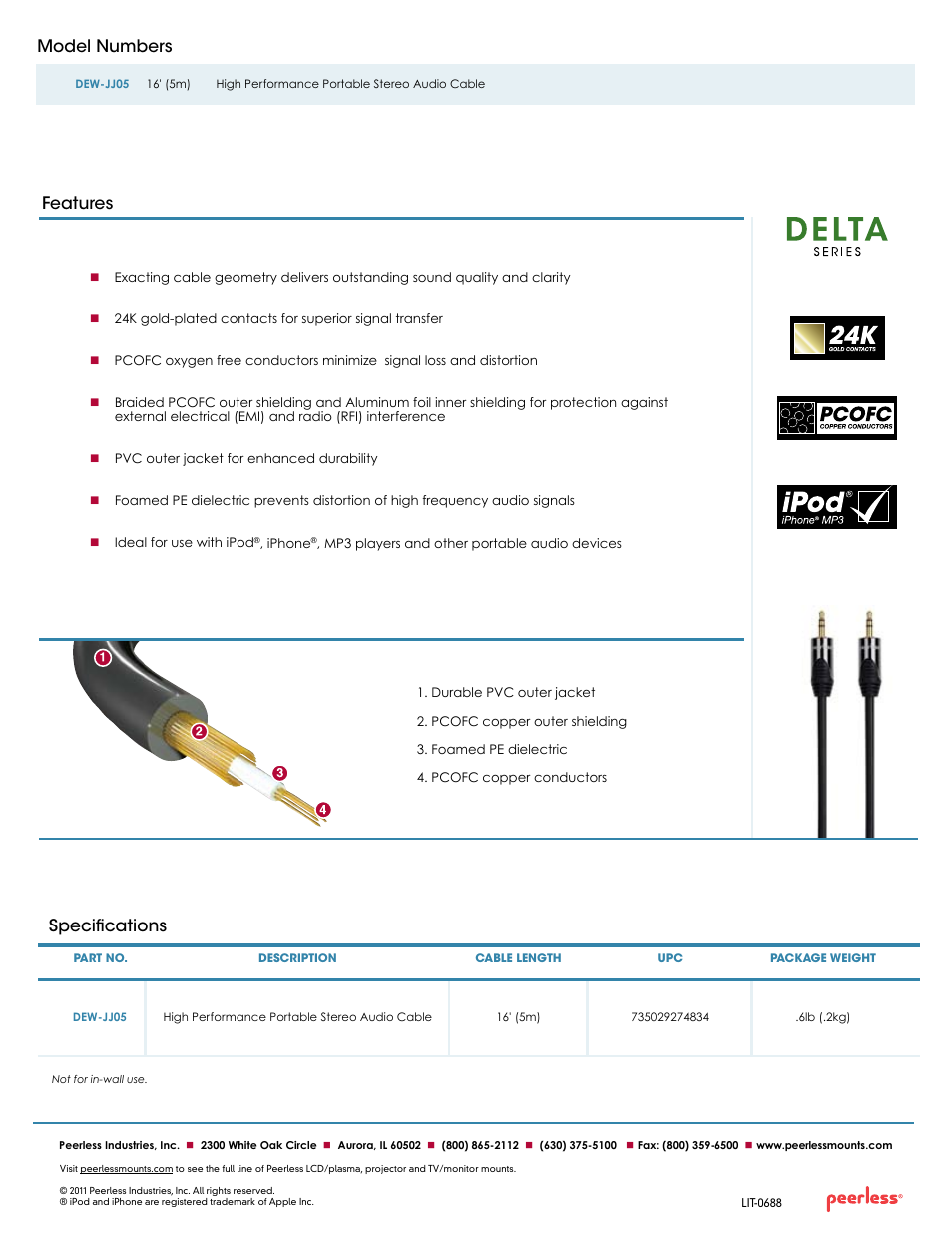 Model numbers, Specifications features | Peerless-AV DEW-JJ05  - Sell Sheet User Manual | Page 2 / 2