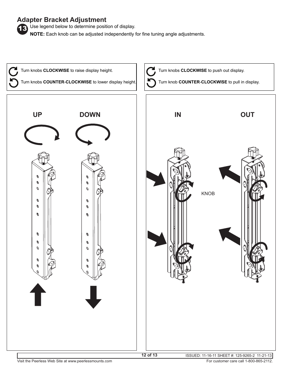 Up down in out, Adapter bracket adjustment | Peerless-AV DS-VWC655-3X3 - Installation User Manual | Page 12 / 13
