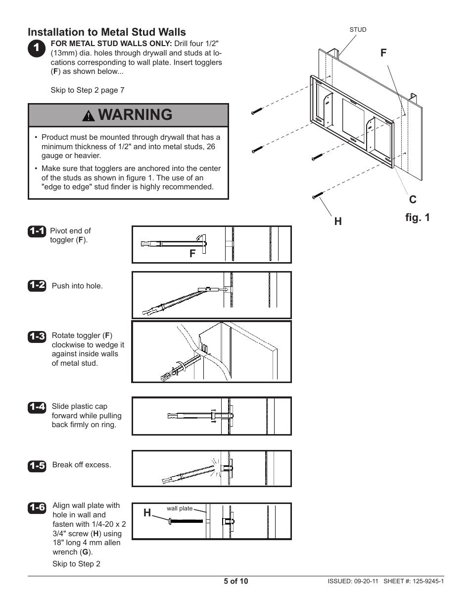 Warning, Installation to metal stud walls, Hc f | Fig. 1 | Peerless-AV HT642-004 - Installation User Manual | Page 5 / 10