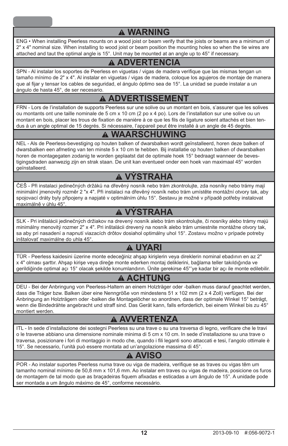 Warning, Výstraha, Advertencia | Waarschuwing, Advertissement, Uyari, Achtung, Avvertenza, Aviso | Peerless-AV PRSS-455 - Installation User Manual | Page 12 / 28