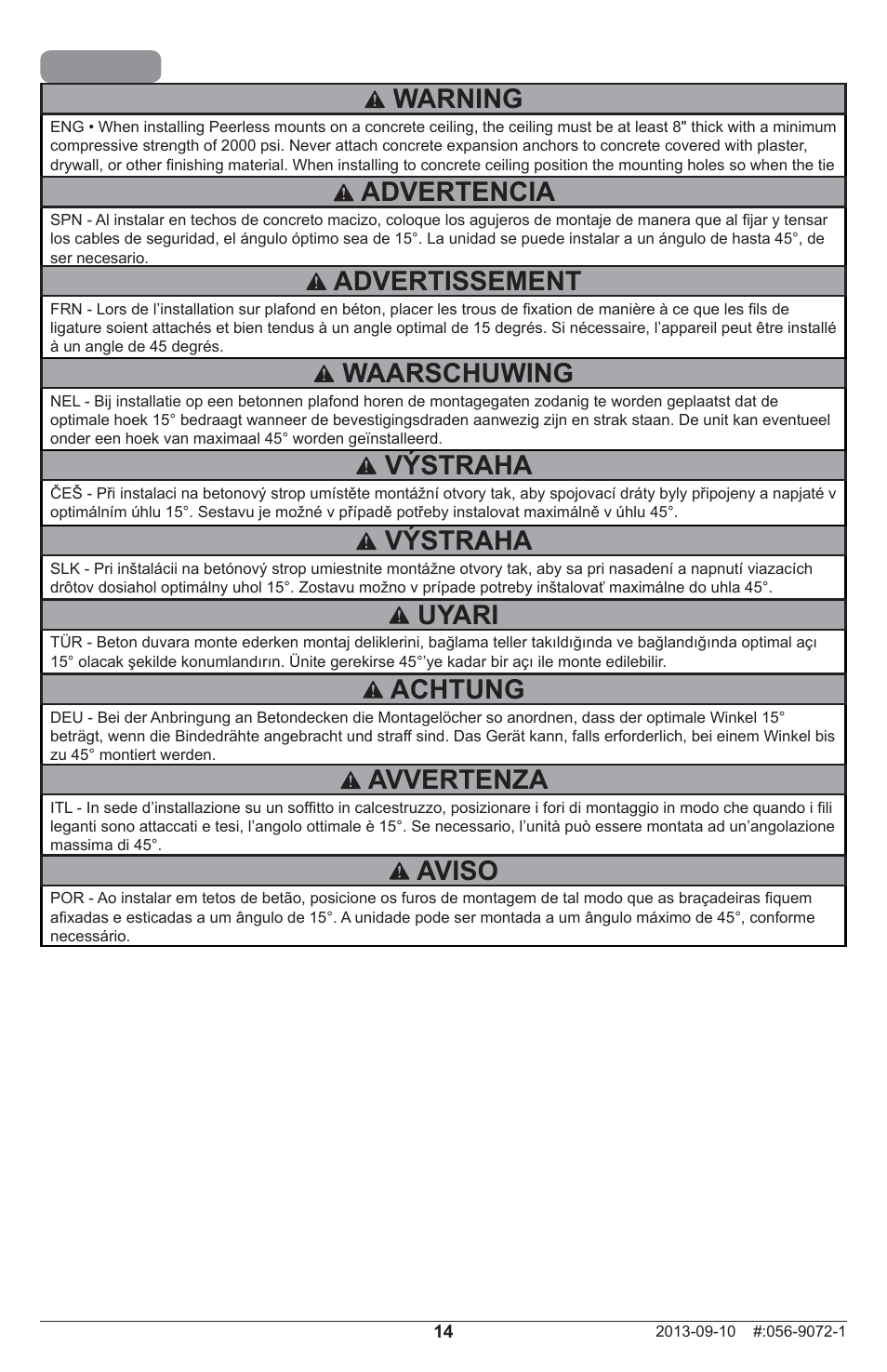 Warning, Výstraha, Advertencia | Waarschuwing, Advertissement, Uyari, Achtung, Avvertenza, Aviso | Peerless-AV PRSS-455 - Installation User Manual | Page 14 / 28