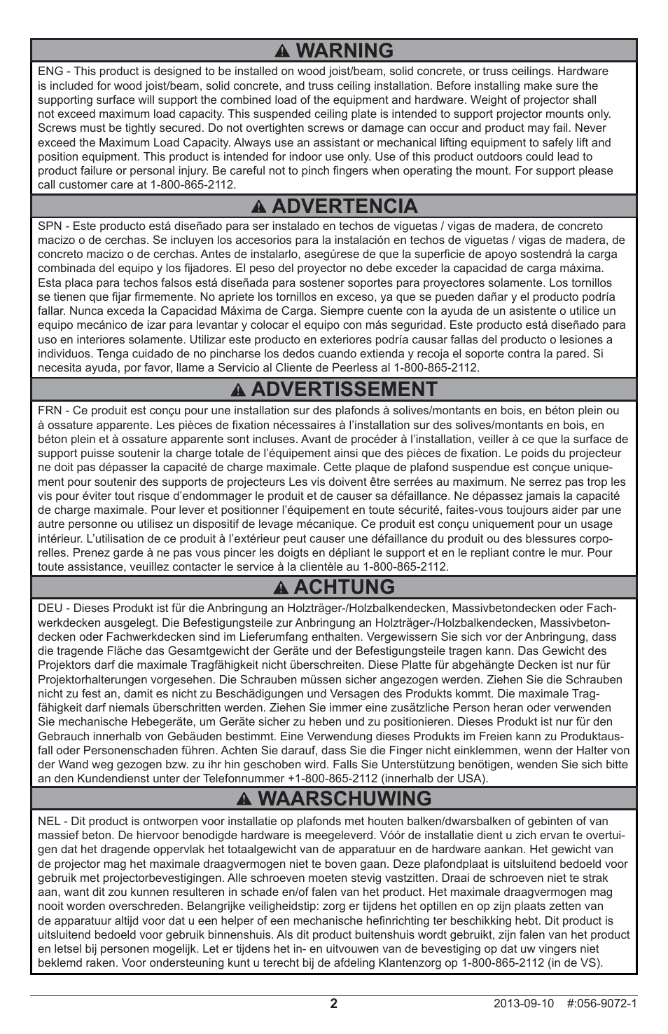 Warning, Advertencia advertissement, Achtung | Waarschuwing | Peerless-AV PRSS-455 - Installation User Manual | Page 2 / 28