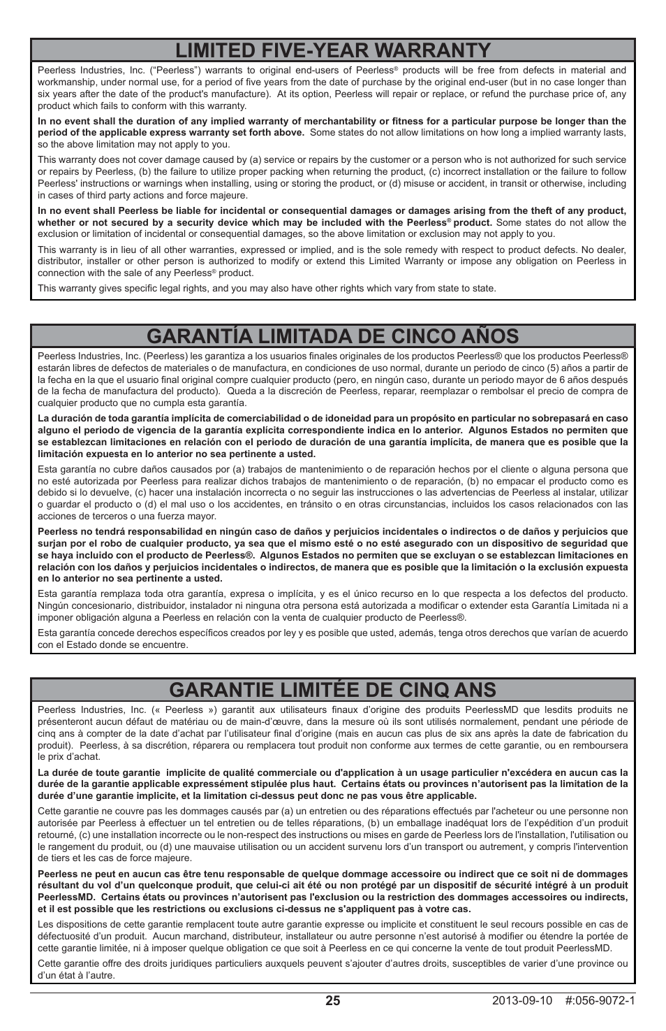 Garantía limitada de cinco años, Garantie limitée de cinq ans, Limited five-year warranty | Peerless-AV PRSS-455 - Installation User Manual | Page 25 / 28