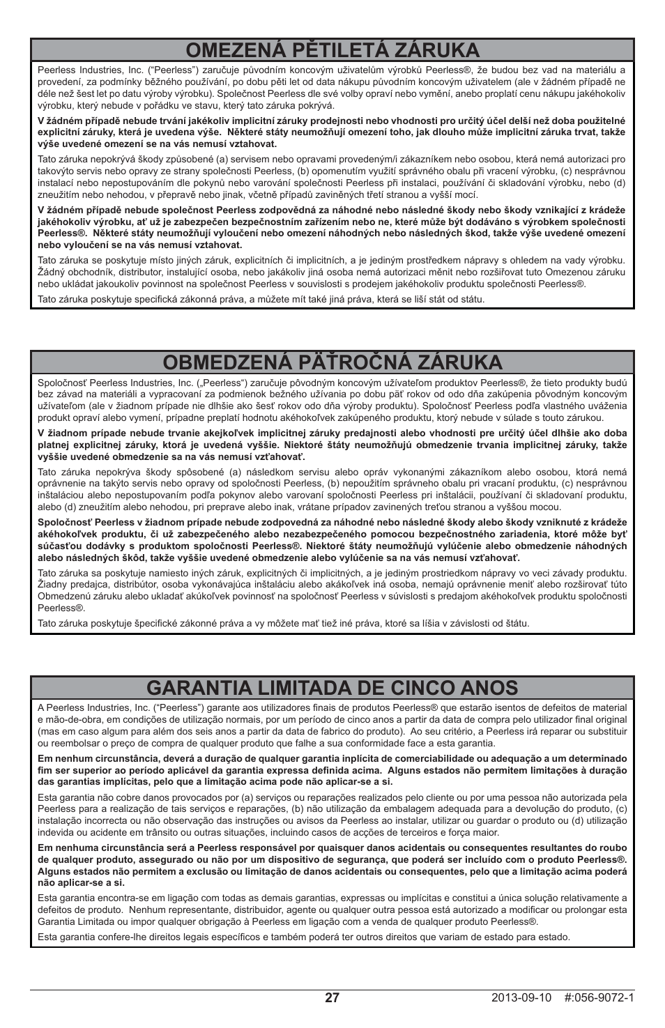 Obmedzená päťročná záruka, Garantia limitada de cinco anos, Omezená pětiletá záruka | Peerless-AV PRSS-455 - Installation User Manual | Page 27 / 28