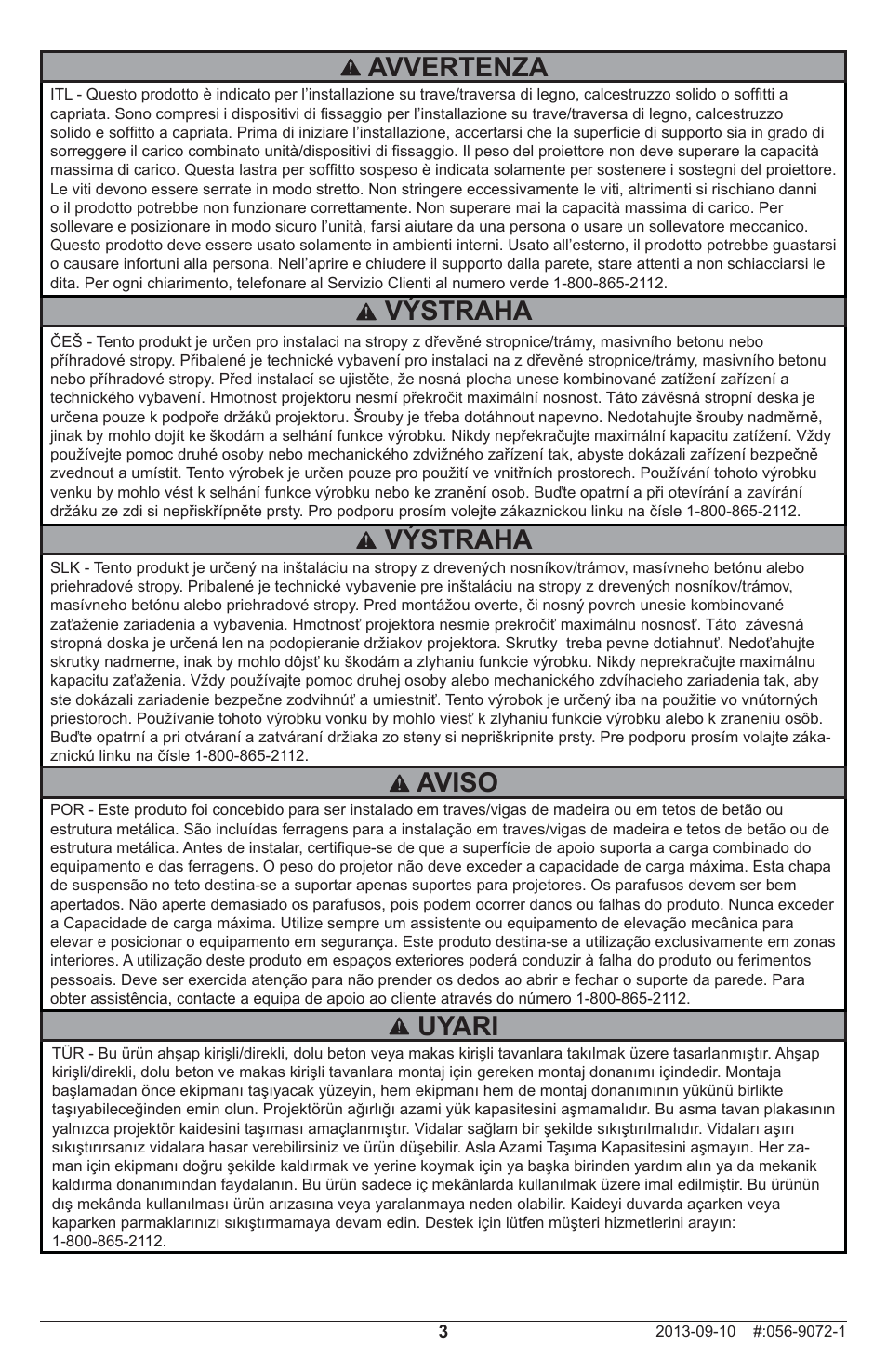 Výstraha, Uyari, Aviso | Avvertenza | Peerless-AV PRSS-455 - Installation User Manual | Page 3 / 28