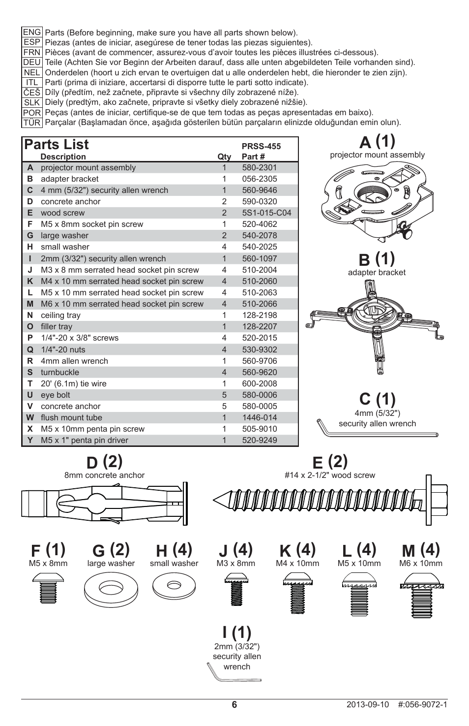 A (1), B (1), D (2) | E (2), G (2), H (4), F (1), J (4), K (4), L (4) | Peerless-AV PRSS-455 - Installation User Manual | Page 6 / 28