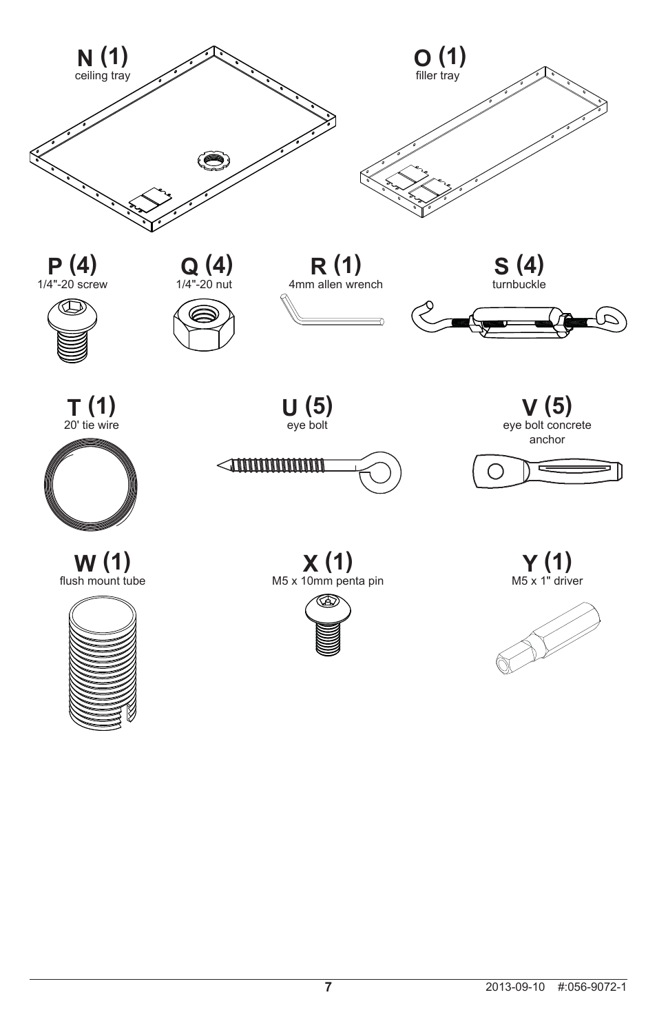 N (1) o (1), R (1), P (4) | Q (4), S (4), U (5), V (5), W (1), Y (1), X (1) | Peerless-AV PRSS-455 - Installation User Manual | Page 7 / 28