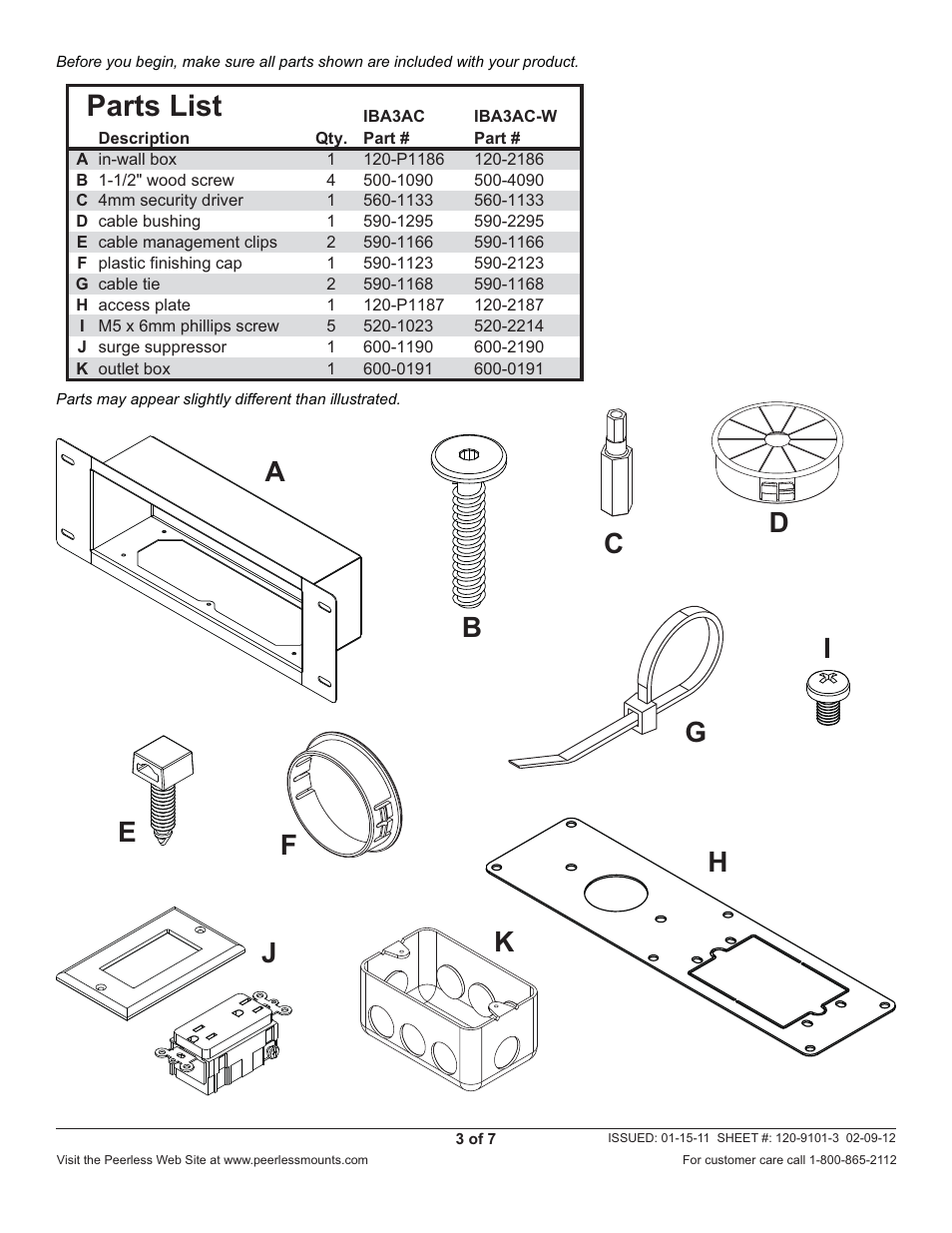 Parts list | Peerless-AV IBA3AC-W - Installation User Manual | Page 3 / 7