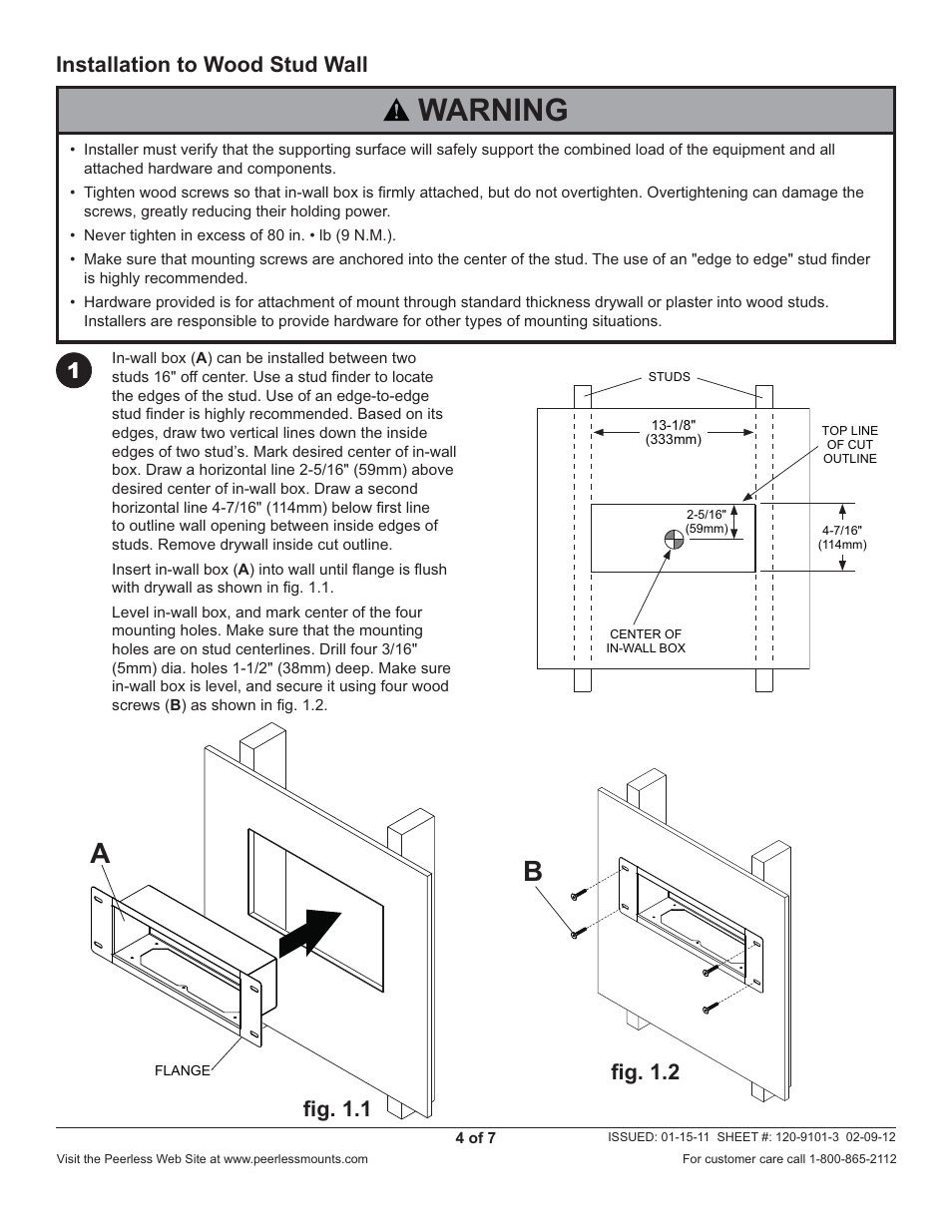 Warning, Installation to wood stud wall, Fi g. 1.1 | Fi g. 1.2 | Peerless-AV IBA3AC-W - Installation User Manual | Page 4 / 7