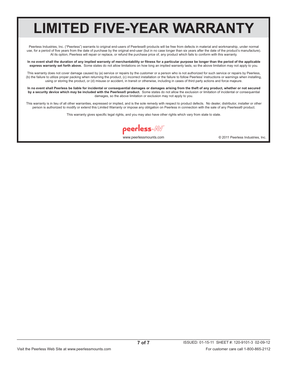 Limited five-year warranty | Peerless-AV IBA3AC-W - Installation User Manual | Page 7 / 7