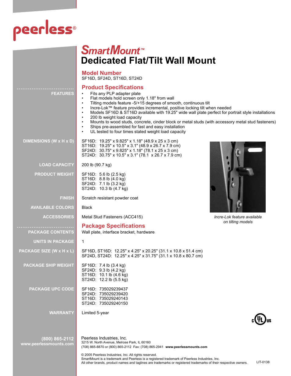 Dedicated flat/tilt wall mount, Model number, Product speciﬁcations | Package speciﬁcations | Peerless-AV ST24D  - Sell Sheet User Manual | Page 2 / 2