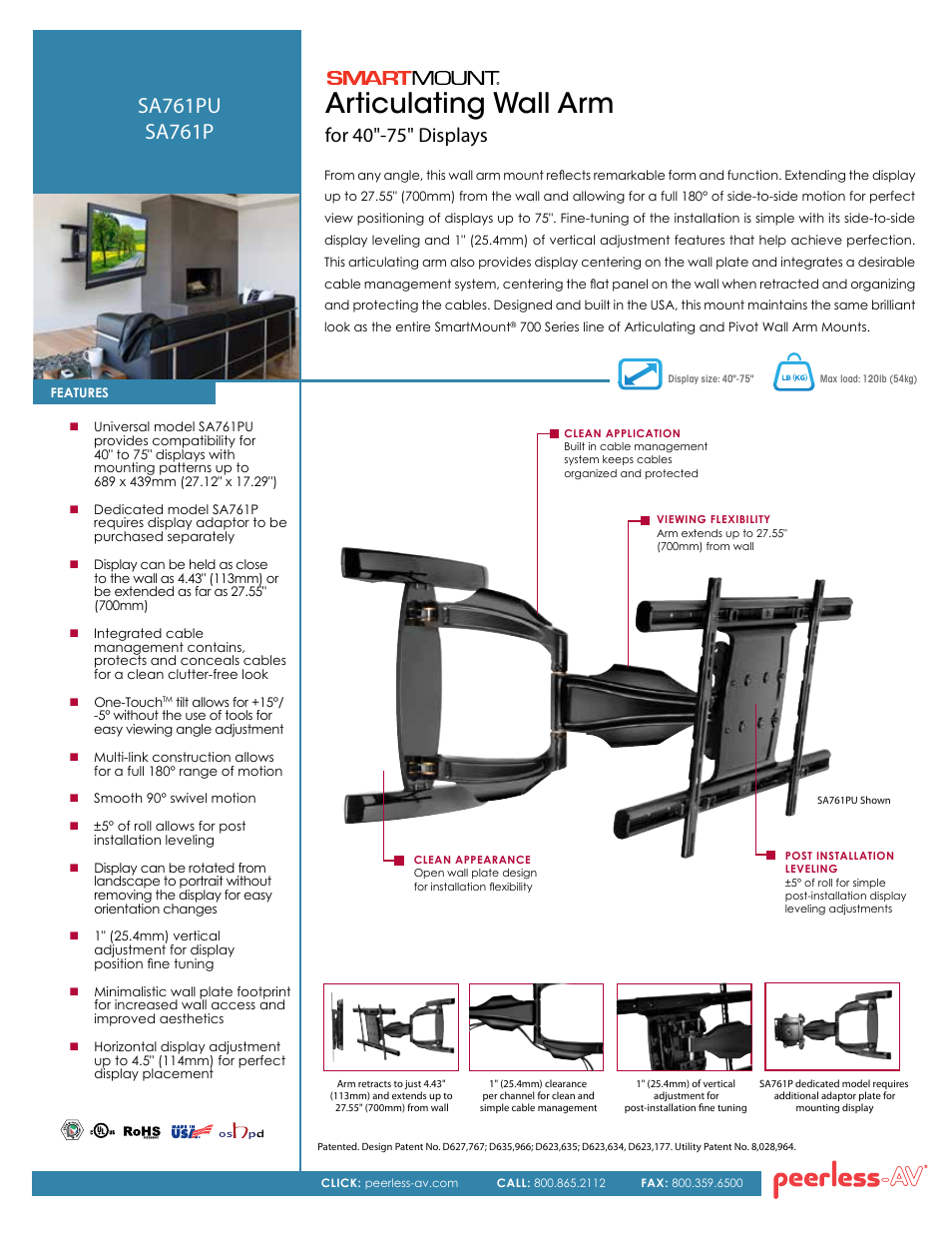 Peerless-AV SA761PU-AW  - Sell Sheet User Manual | 2 pages