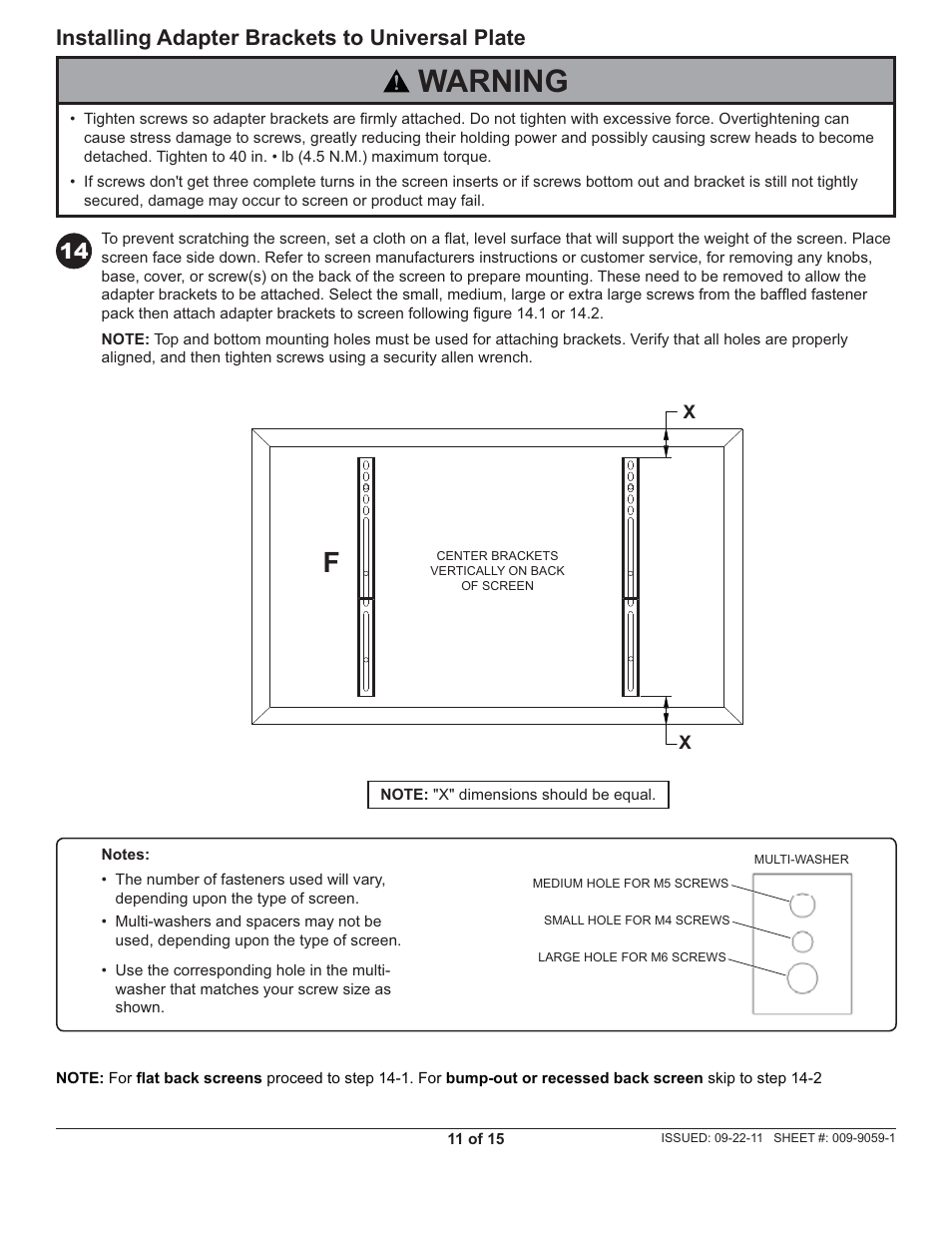 Warning, Installing adapter brackets to universal plate | Peerless-AV SR560M-AW - Installation User Manual | Page 11 / 15