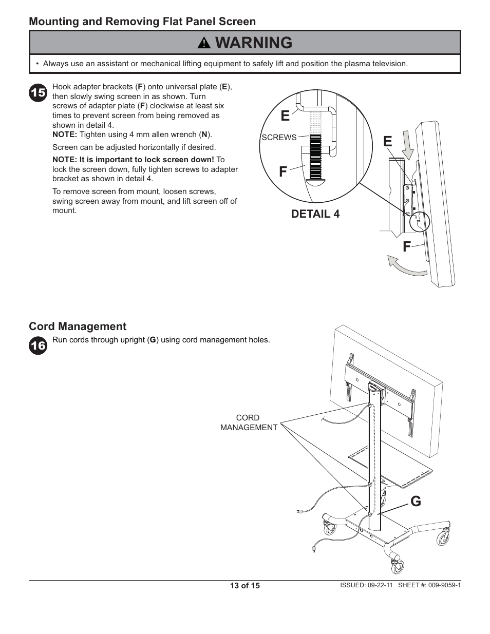 Warning, Ef e | Peerless-AV SR560M-AW - Installation User Manual | Page 13 / 15