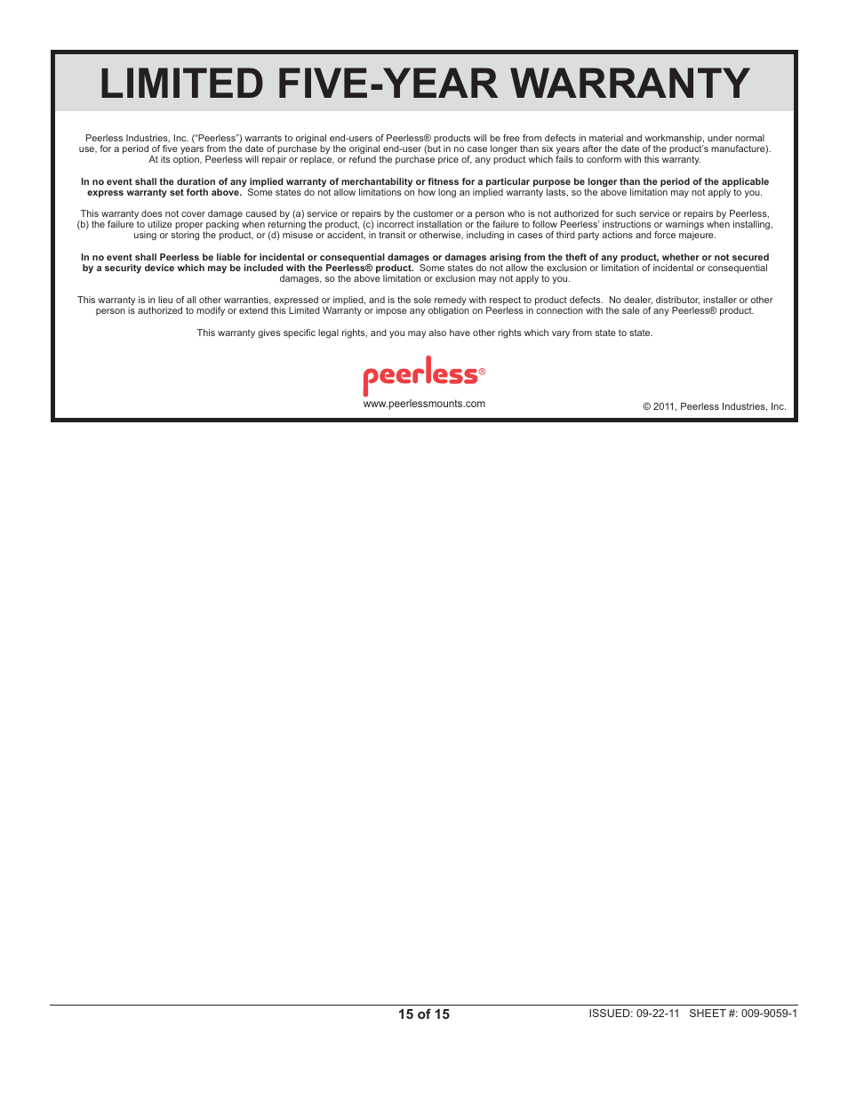 Limited five-year warranty | Peerless-AV SR560M-AW - Installation User Manual | Page 15 / 15