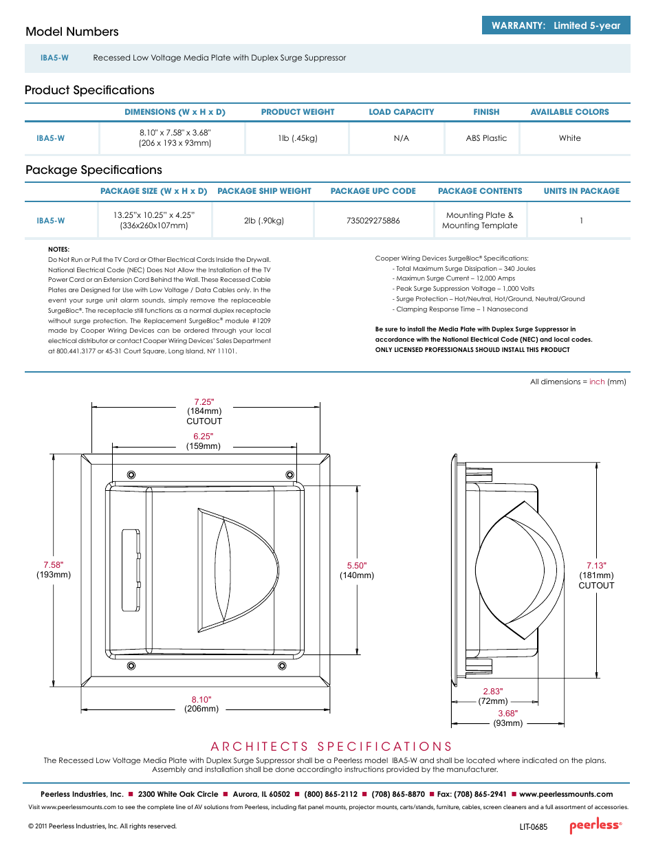 Package specifications, Product specifications model numbers | Peerless-AV IBA5-W  - Sell Sheet User Manual | Page 2 / 2