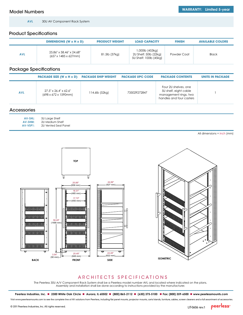 Package specifications accessories, Product specifications model numbers, Warranty: limited 5-year | Peerless-AV AVL  - Sell Sheet User Manual | Page 2 / 2