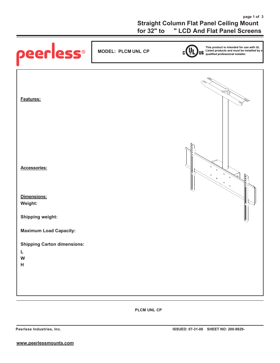 Peerless-AV PLCM-UNL-CP  - Sell Sheet User Manual | 3 pages