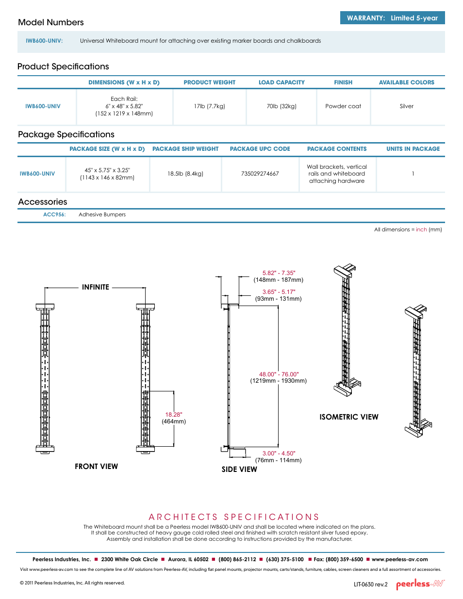 Package specifications, Product specifications model numbers, Accessories | Front view, Isometric view side view | Peerless-AV IWB600-UNIV  - Sell Sheet User Manual | Page 2 / 2