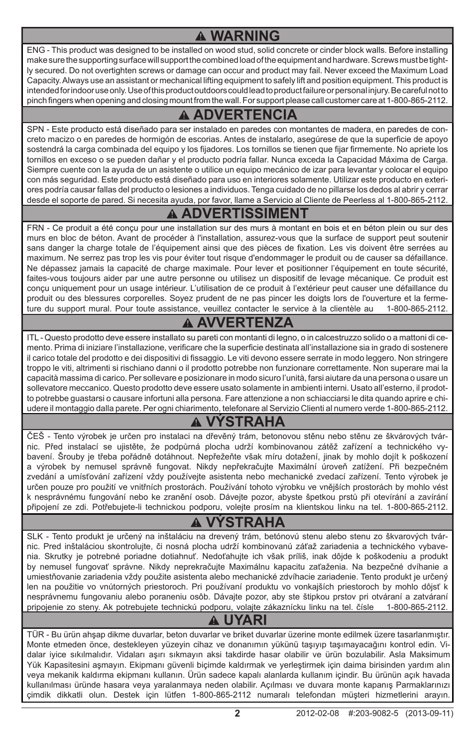 Warning, Výstraha, Advertencia | Advertissiment, Uyari, Avvertenza | Peerless-AV SF640P - Installation User Manual | Page 2 / 20