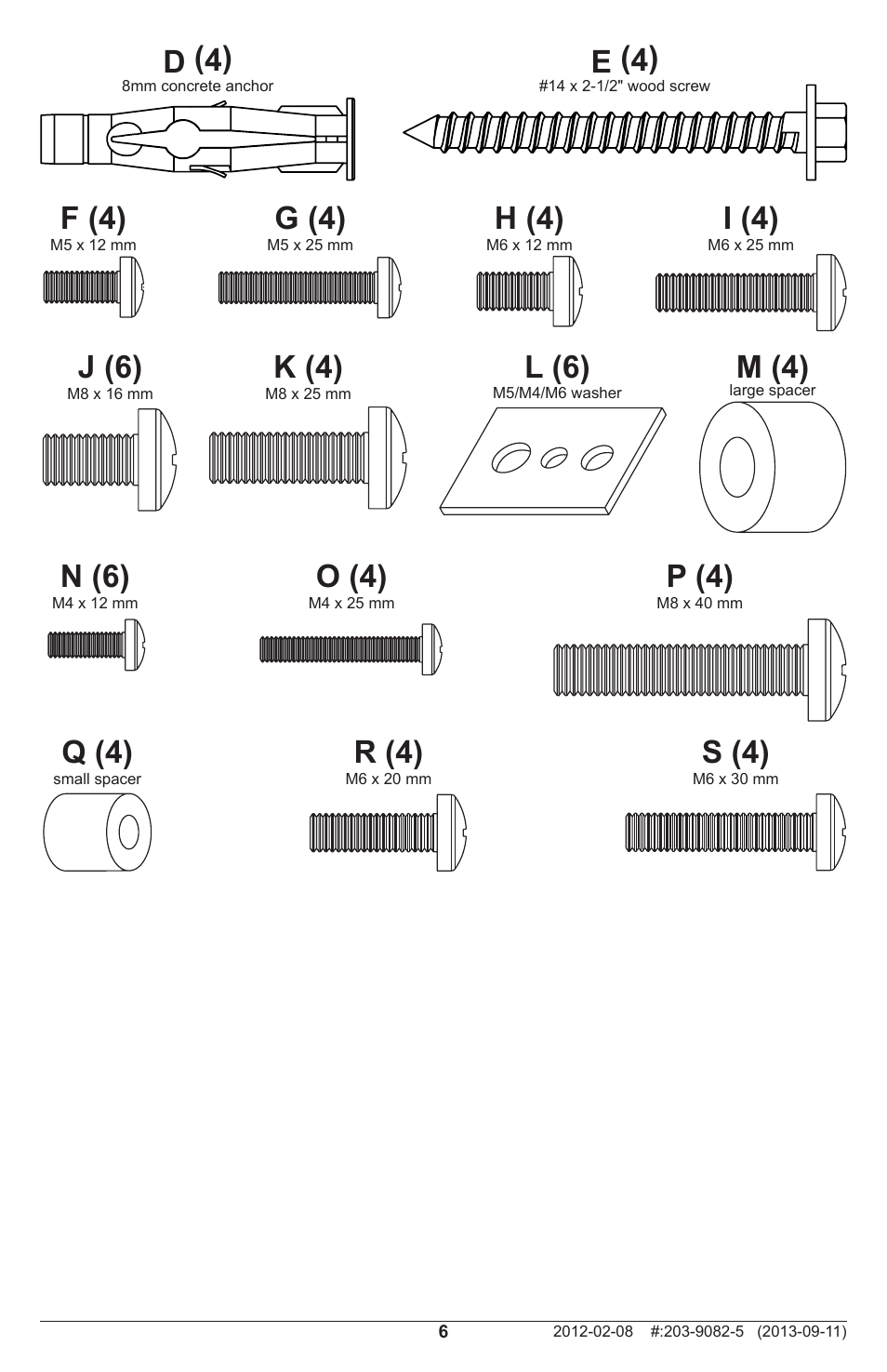 D (4), E (4), F (4) | G (4), H (4), I (4), L (6), J (6), K (4), M (4) | Peerless-AV SF640P - Installation User Manual | Page 6 / 20