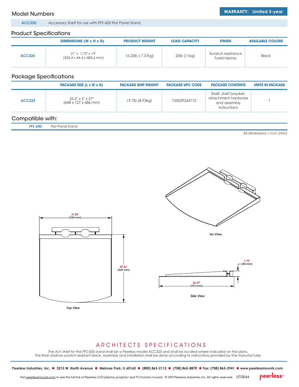 Package specifications compatible with, Product specifications model numbers | Peerless-AV ACC325  - Sell Sheet User Manual | Page 2 / 2
