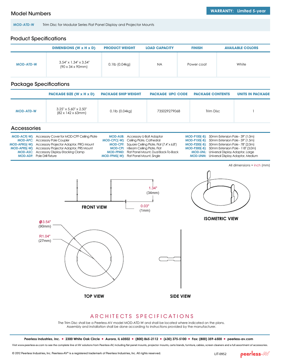 Package specifications, Product specifications model numbers, Accessories | Peerless-AV MOD-ATD-W  - Sell Sheet User Manual | Page 2 / 2