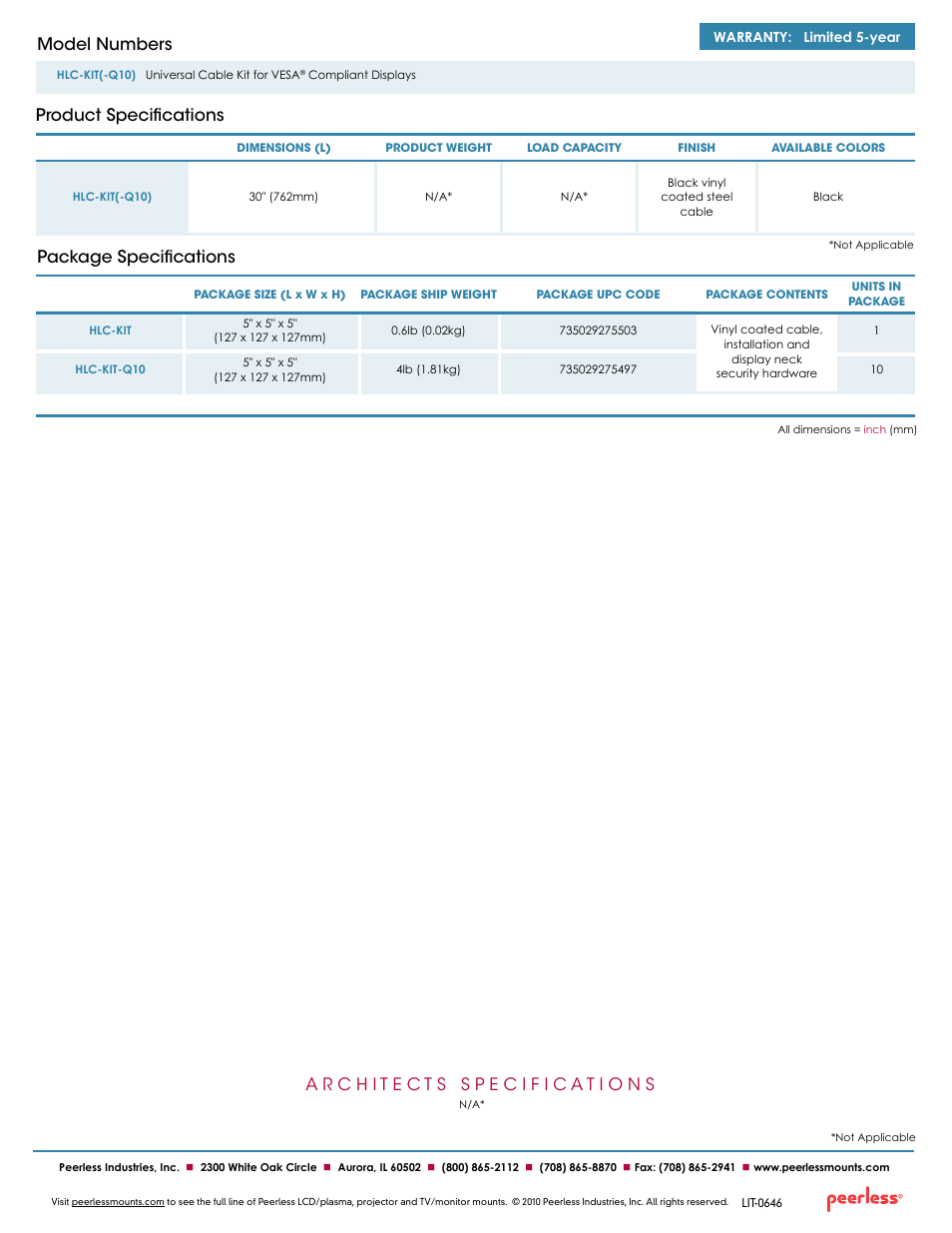 Product specifications model numbers, Package specifications | Peerless-AV HLC-KIT-Q10  - Sell Sheet User Manual | Page 2 / 2