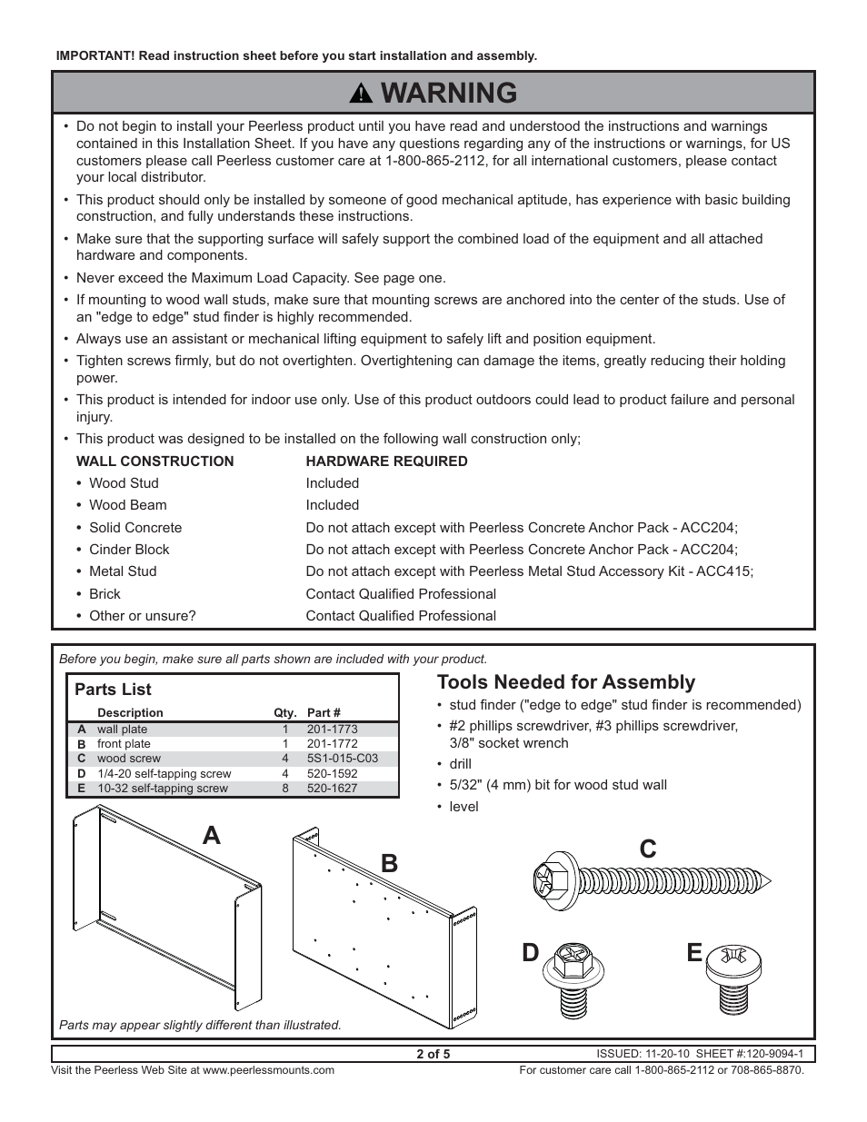 Warning, Ab d e, Tools needed for assembly | Peerless-AV ACC630 - Installation User Manual | Page 2 / 5