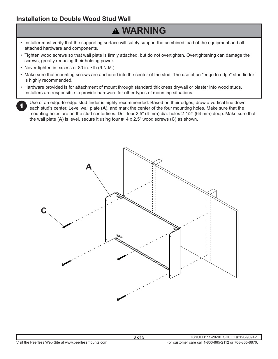 Warning, Installation to double wood stud wall | Peerless-AV ACC630 - Installation User Manual | Page 3 / 5