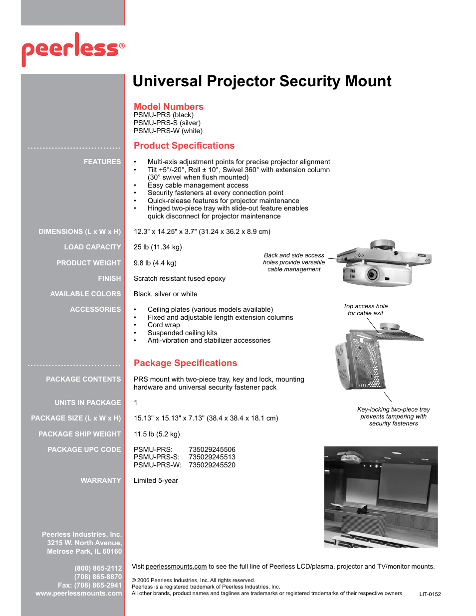 Universal projector security mount, Model numbers, Product specifications | Package specifications | Peerless-AV PSMU-PRS  - Sell Sheet User Manual | Page 2 / 2