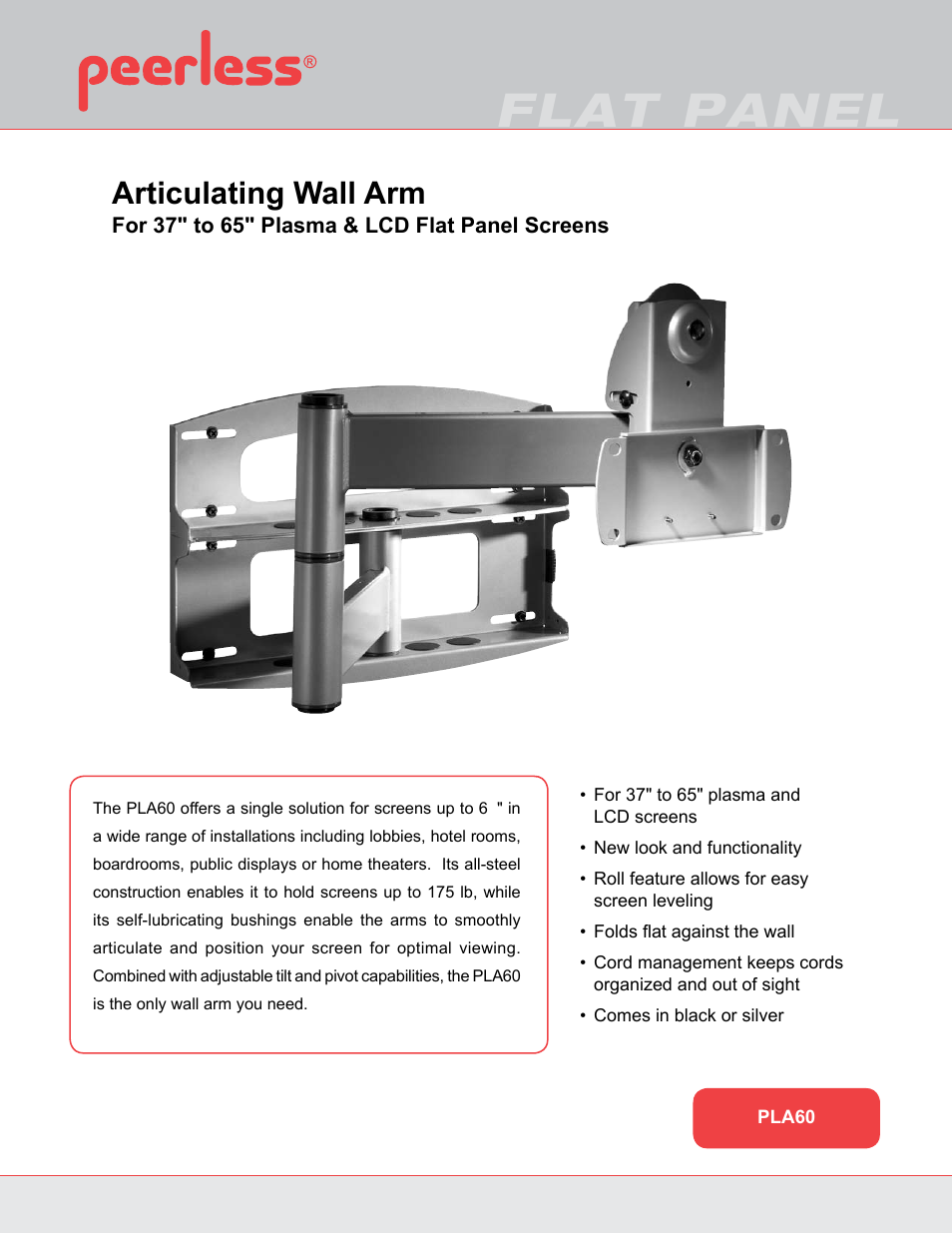 Peerless-AV PLA60-UNLP  - Sell Sheet User Manual | 2 pages