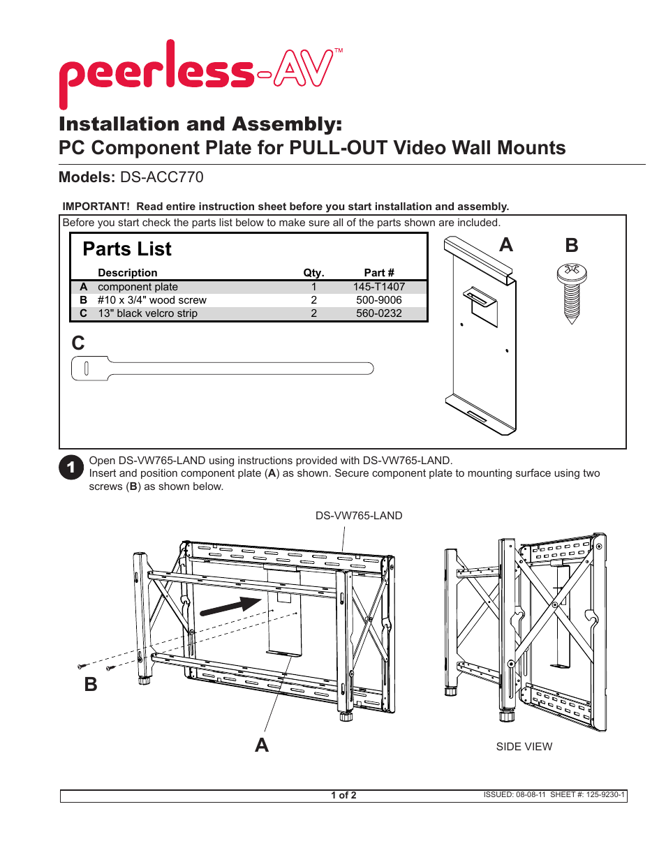 Peerless-AV DS-ACC770 - Installation User Manual | 2 pages