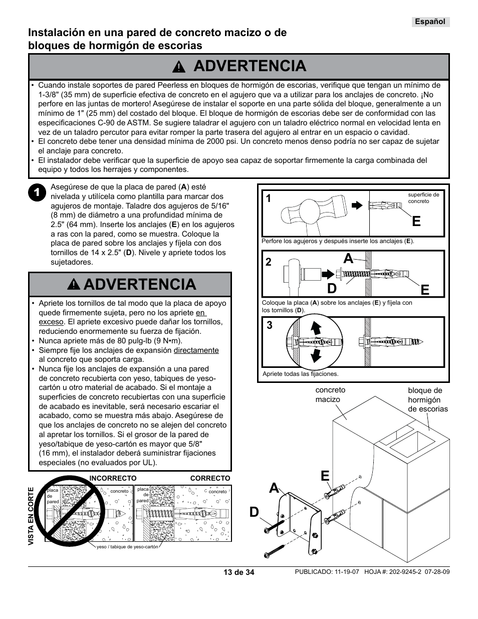 Advertencia, Ae d | Peerless-AV PT630 - Installation User Manual | Page 13 / 34