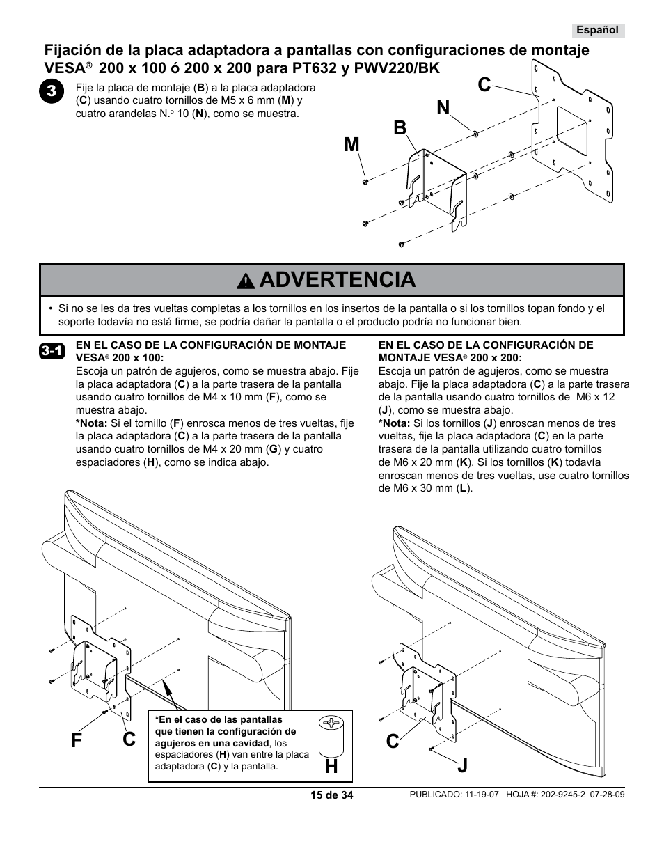 Advertencia | Peerless-AV PT630 - Installation User Manual | Page 15 / 34